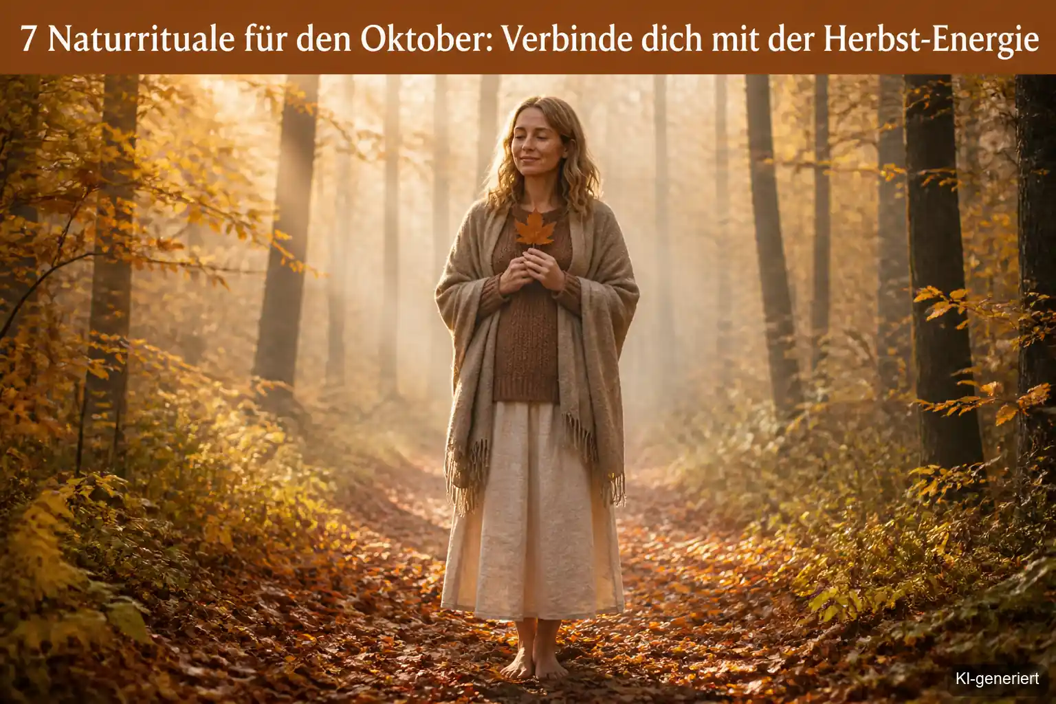 Frau hält ein gefallenes Herbstblatt achtsam in beiden Händen bei einem ruhigen Spaziergang im Wald