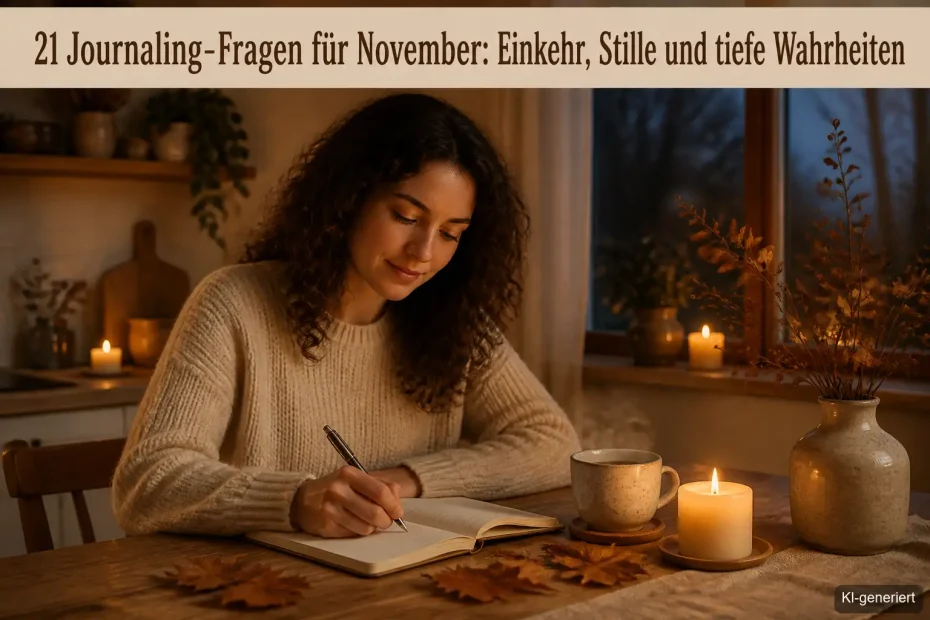 Frau schreibt abends bei Kerzenschein Journaling-Fragen in ihr Notizbuch, mit Tee und warmem Novemberlicht im Hintergrund