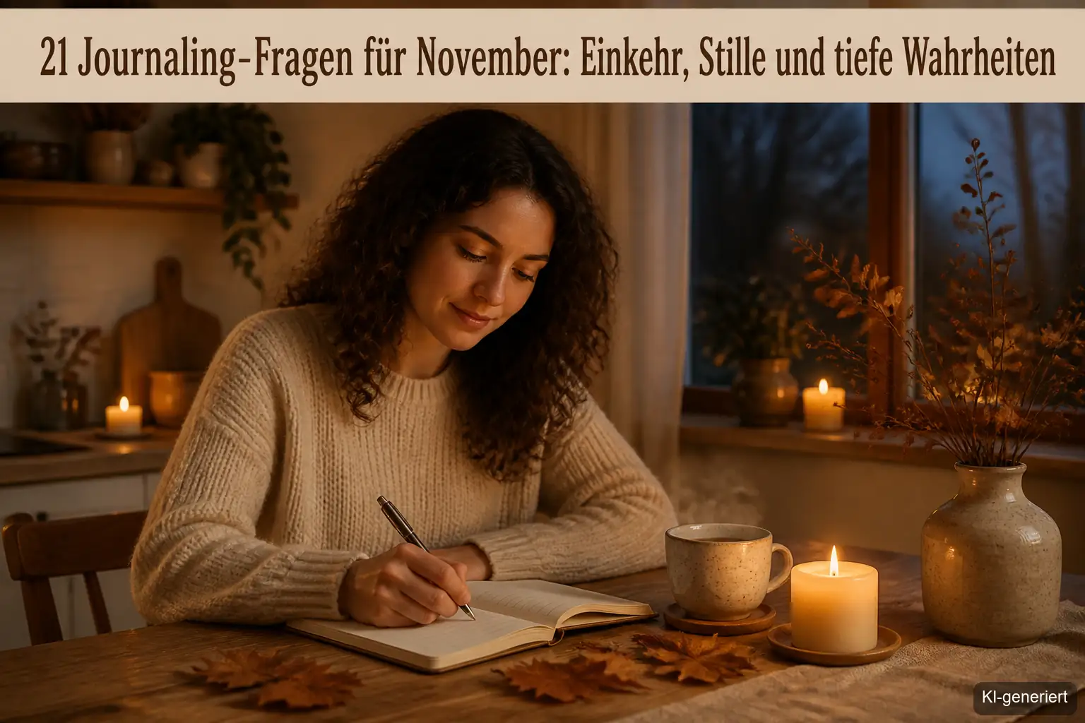 Frau schreibt abends bei Kerzenschein Journaling-Fragen in ihr Notizbuch, mit Tee und warmem Novemberlicht im Hintergrund