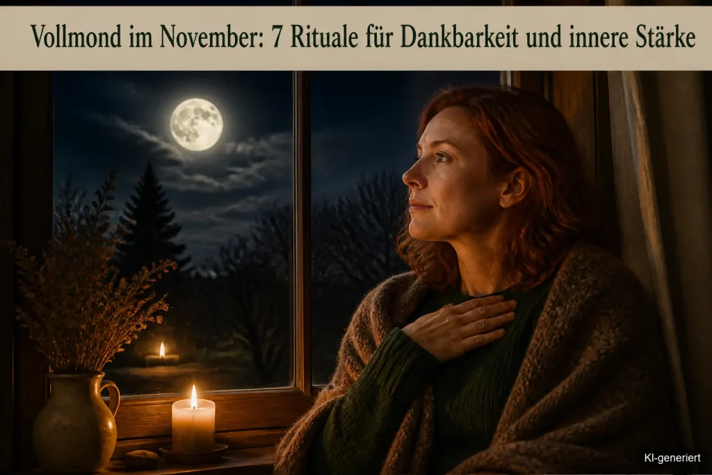 Frau sitzt abends bei Kerzenlicht am Fenster und blickt hinaus auf den hell leuchtenden Novembervollmond