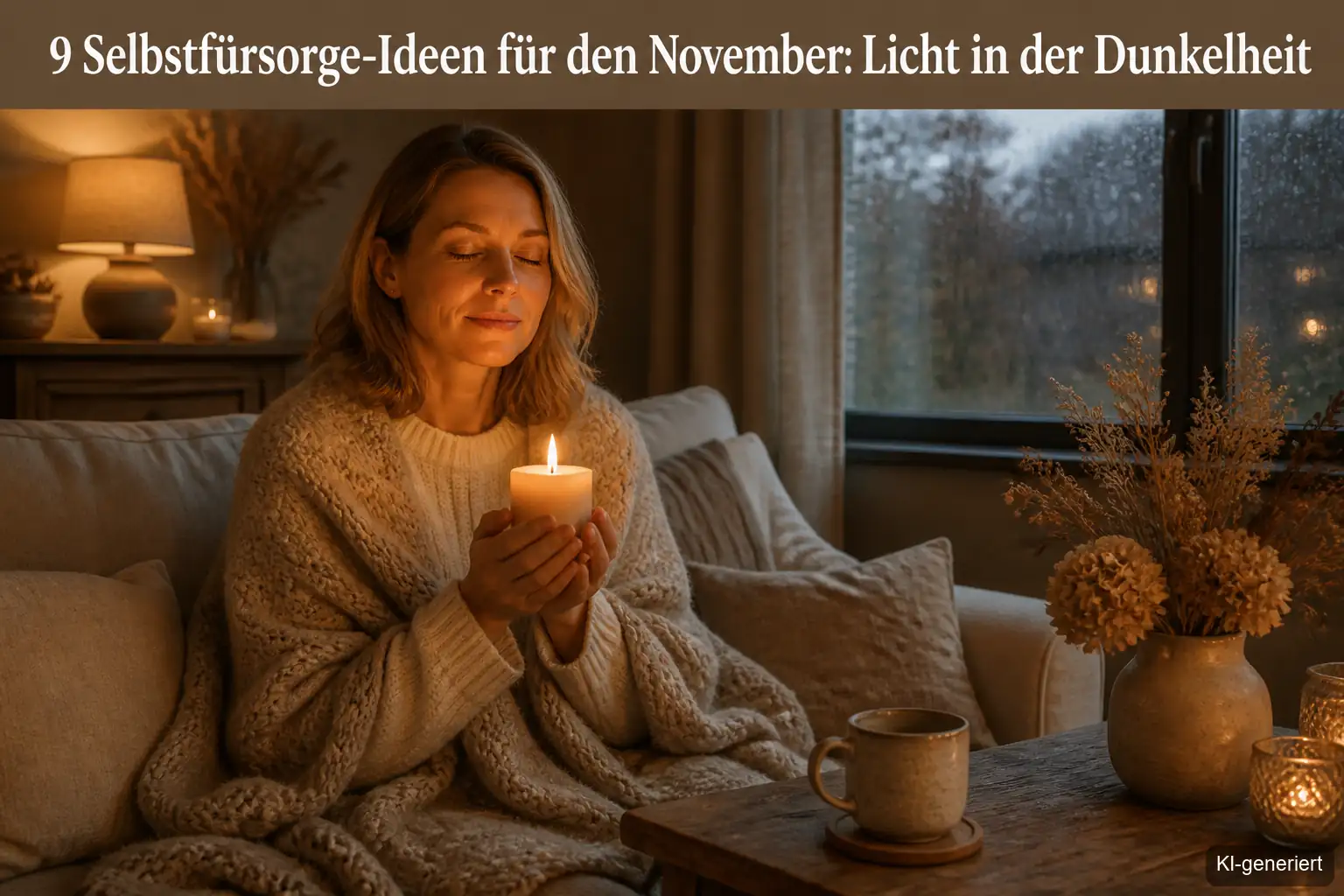Frau entzündet am dunklen Novemberabend eine Kerze und legt die Hand auf ihr Herz, mit warmem Licht im ruhigen Zimmer.