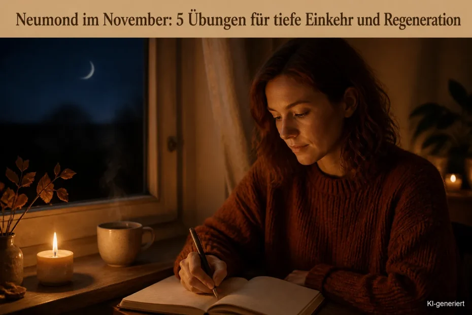 Frau schreibt bei Kerzenschein am Fenster in ihr Journal, während draußen der dunkle Novemberabend liegt