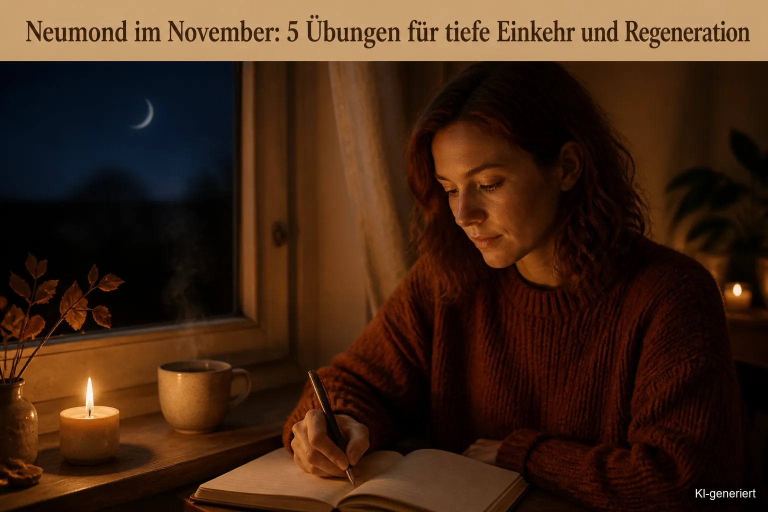 Frau schreibt bei Kerzenschein am Fenster in ihr Journal, während draußen der dunkle Novemberabend liegt