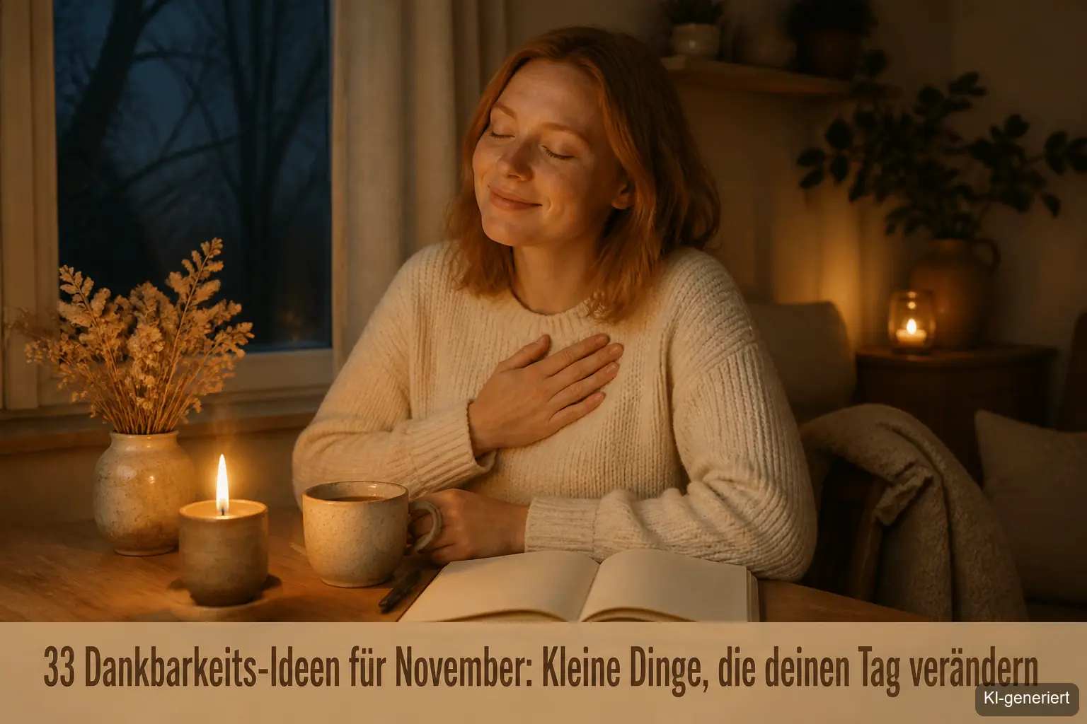 Frau zündet abends eine Kerze am Fenster an, warmes Licht spiegelt sich auf dunkler Novemberscheibe