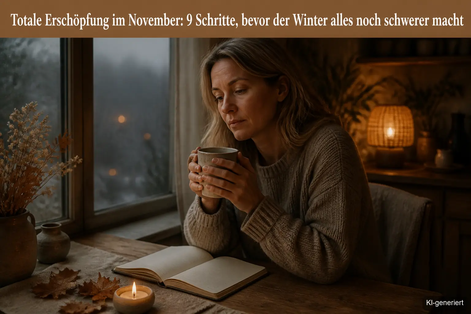 Frau Anfang 40 sitzt erschöpft am Fenster im novemberlichen Dämmerlicht, beide Hände um eine Tasse Tee gelegt.