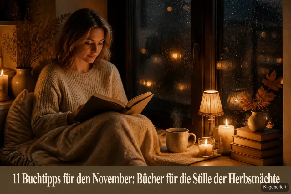 Frau liest bei Kerzenschein ein Buch am Fenster, während draußen Novemberregen fällt, mit warmem Licht und Tee