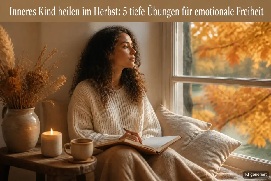 Frau mit Tee und Journal am herbstlichen Fenster, im Moment liebevoller Selbstreflexion über ihr inneres Kind