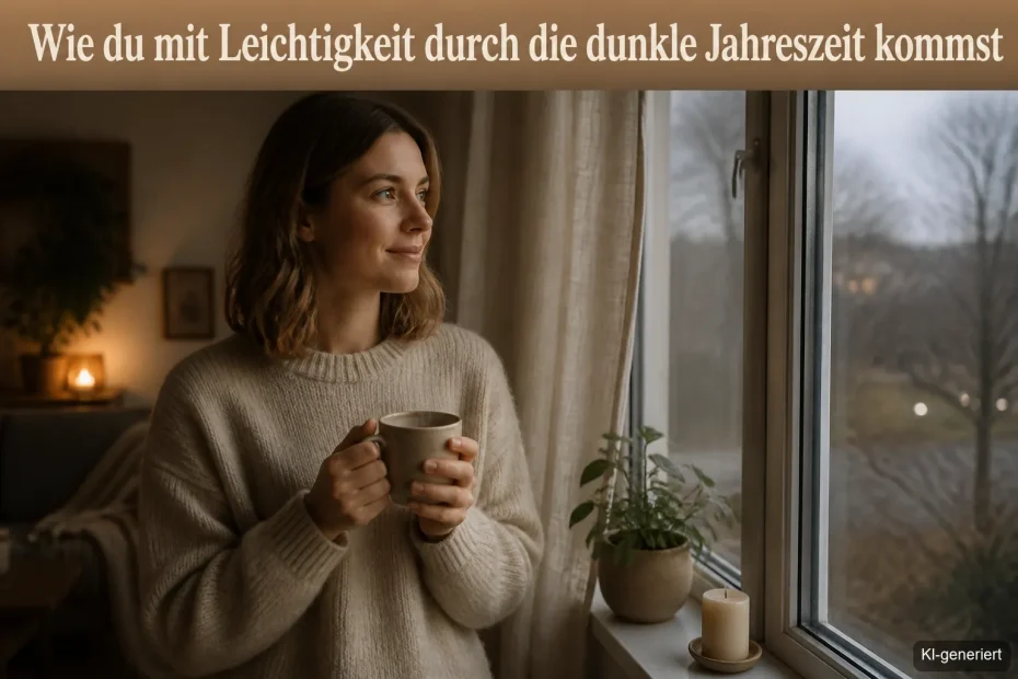 Frau steht im grauen Novemberlicht am Fenster, hält eine dampfende Teetasse und atmet bewusst durch