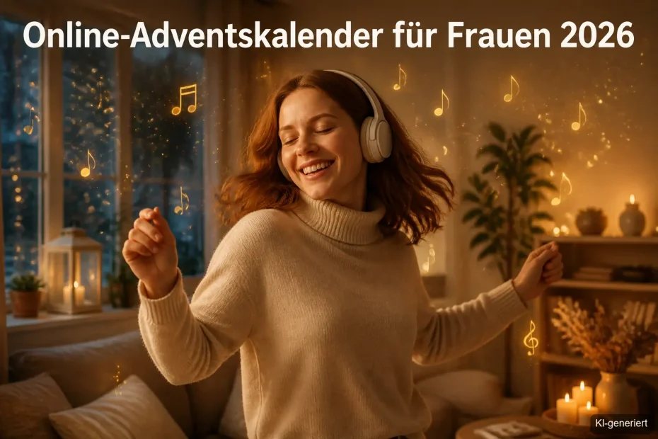 Frau tanzt lächelnd mit Kopfhörern im Kerzenlicht beim Adventskalender online für mehr Ruhe im Advent
