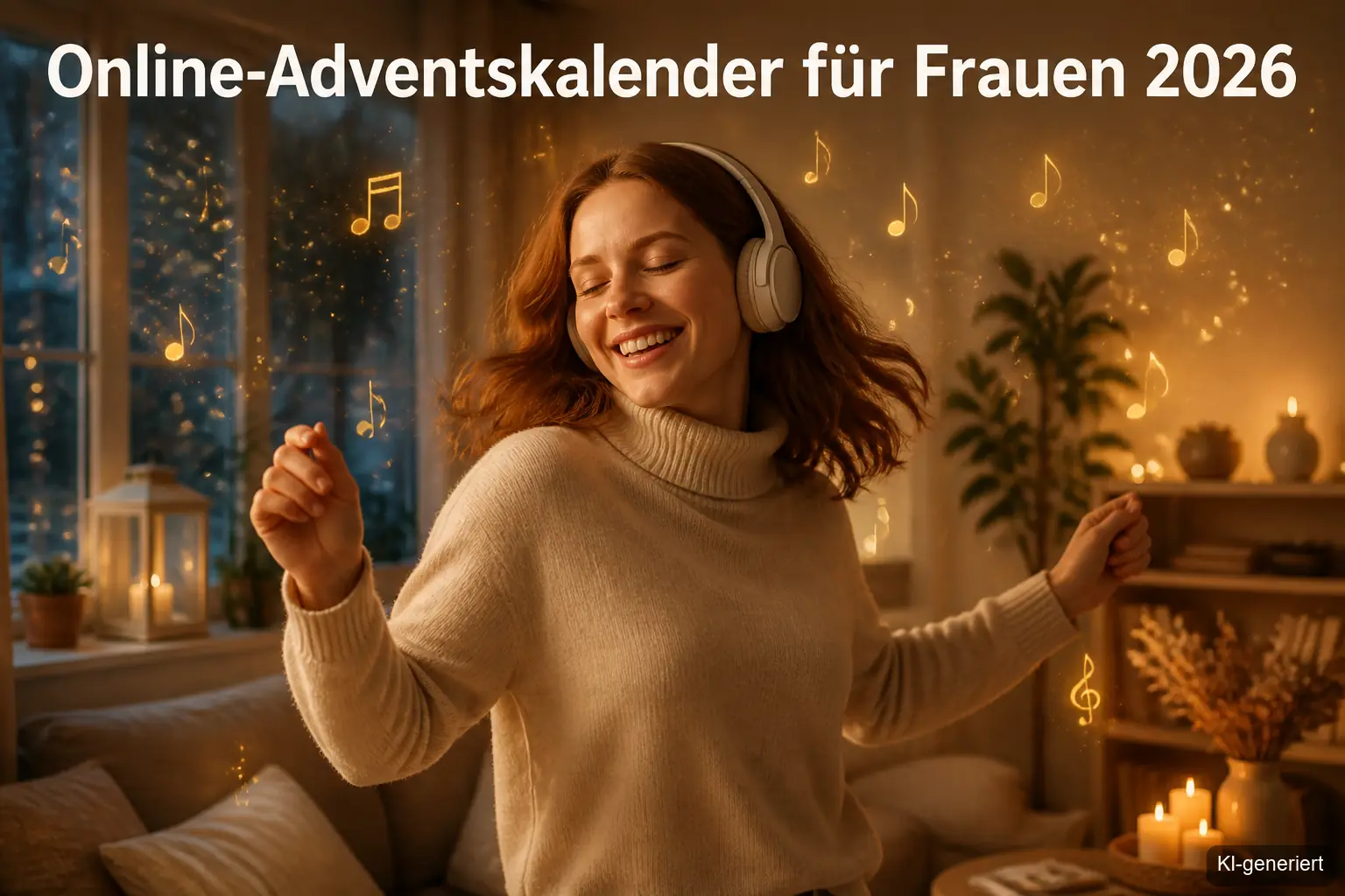 Frau tanzt lächelnd mit Kopfhörern im Kerzenlicht beim Adventskalender online für mehr Ruhe im Advent
