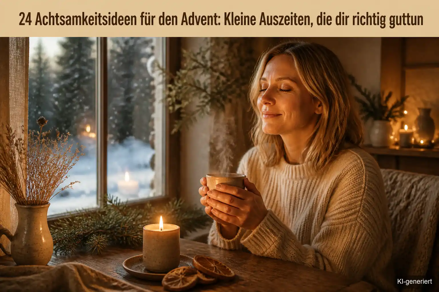 Frau zündet im Advent eine Kerze an und gönnt sich eine achtsame Auszeit