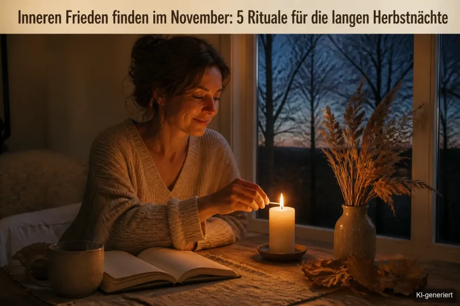 Frau zündet am Abend eine Kerze auf einem Holztisch an, daneben Tee, ein offenes Journal und Herbstlaub