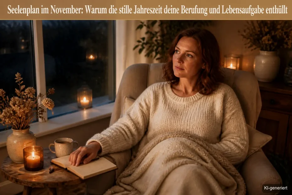 Frau sitzt in der Novemberdämmerung am Fenster mit Kerze und Notizbuch, blickt nachdenklich nach draußen