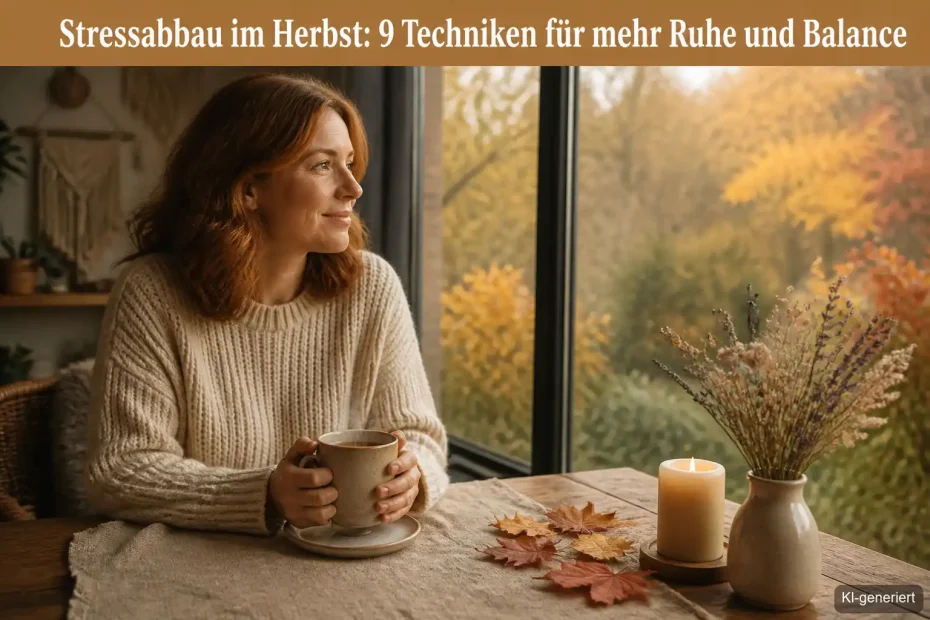 Frau bei bewusster Atempause am Herbstfenster, mit dampfender Teetasse und goldenem Nachmittagslicht