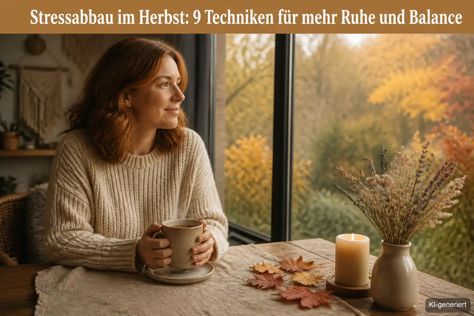 Frau bei bewusster Atempause am Herbstfenster, mit dampfender Teetasse und goldenem Nachmittagslicht