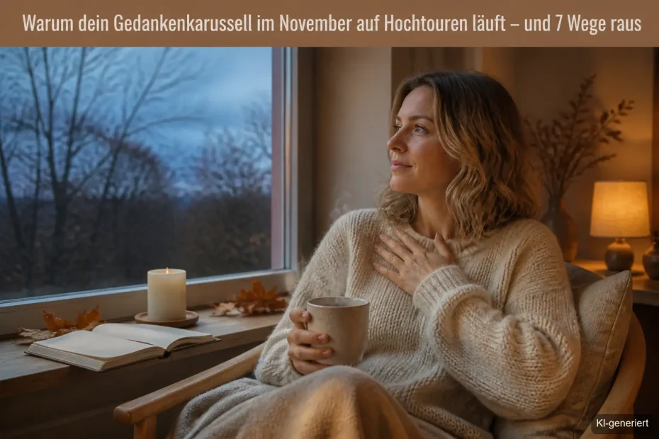 Frau sitzt abends am Fenster im novembergrauen Licht, eine Hand auf der Brust, Teetasse auf dem Tisch
