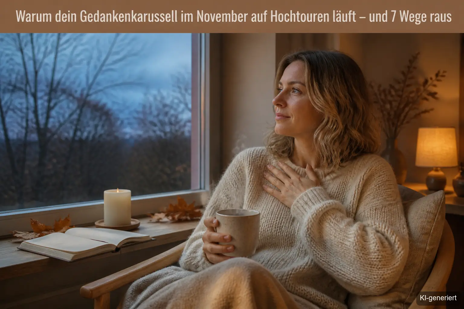 Frau sitzt abends am Fenster im novembergrauen Licht, eine Hand auf der Brust, Teetasse auf dem Tisch
