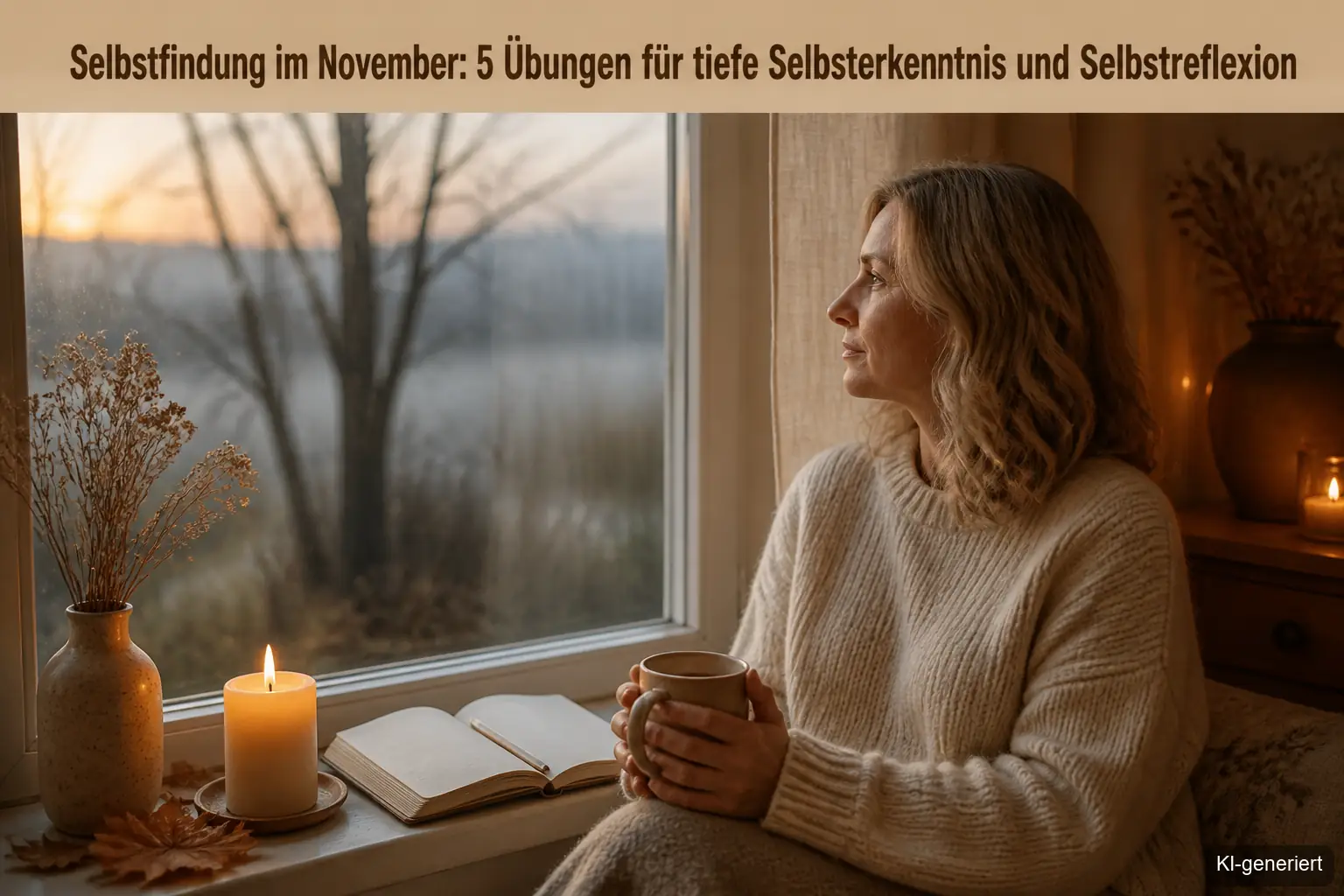 Frau sitzt in der Dämmerung am Fenster und schaut nachdenklich in die stille Novemberlandschaft