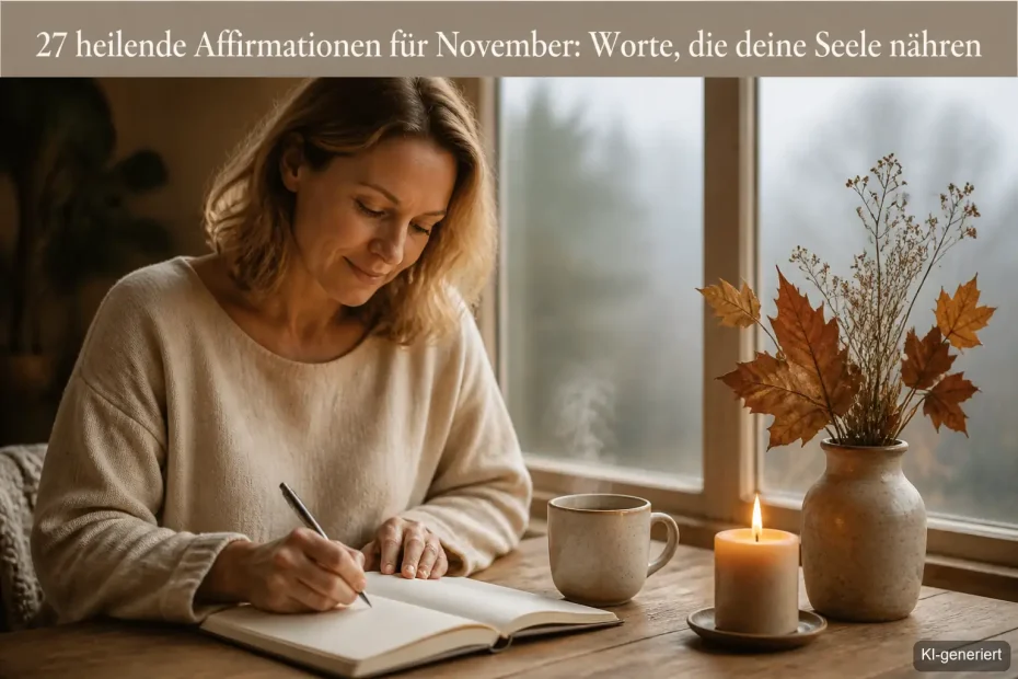 Frau schreibt eine Affirmation in ihr Journal bei Kerzenschein, mit Tee und herbstlichen Blättern auf dem Tisch.