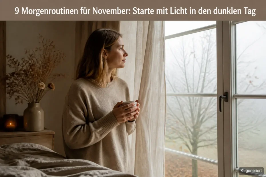 Frau öffnet am dunklen Novembermorgen den Vorhang und schaut mit einer Tasse Tee ins erste Tageslicht