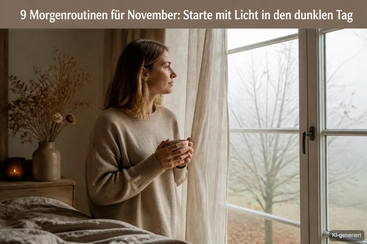Frau öffnet am dunklen Novembermorgen den Vorhang und schaut mit einer Tasse Tee ins erste Tageslicht