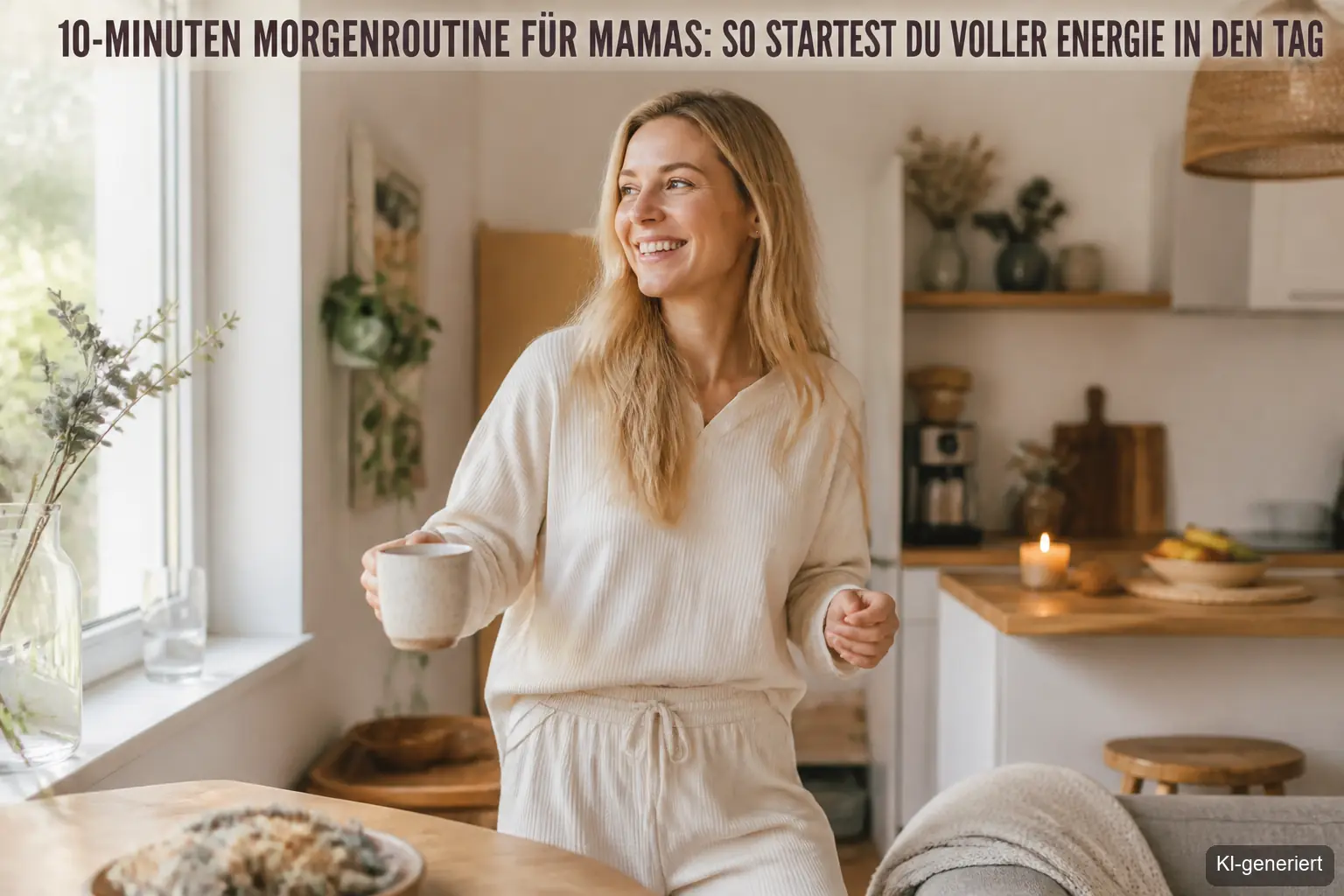 Mama genießt ihre Morgenroutine am offenen Fenster mit viel Energie