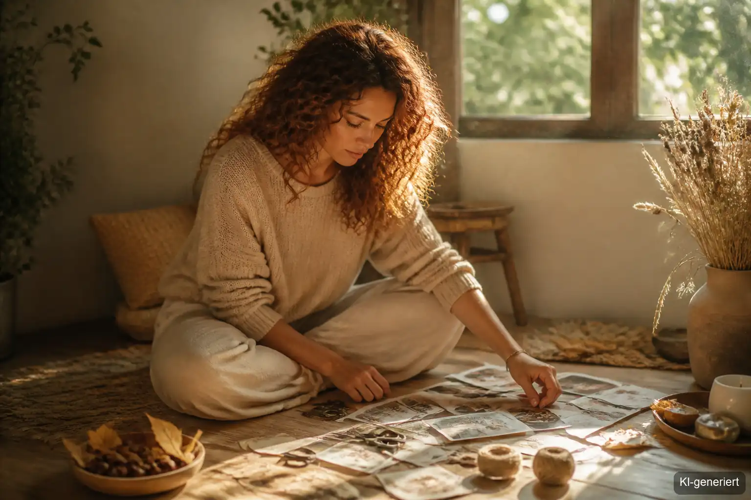 Frau ordnet herbstliche Fotos und handgeschriebene Worte auf ihrem Vision Board am Fenster