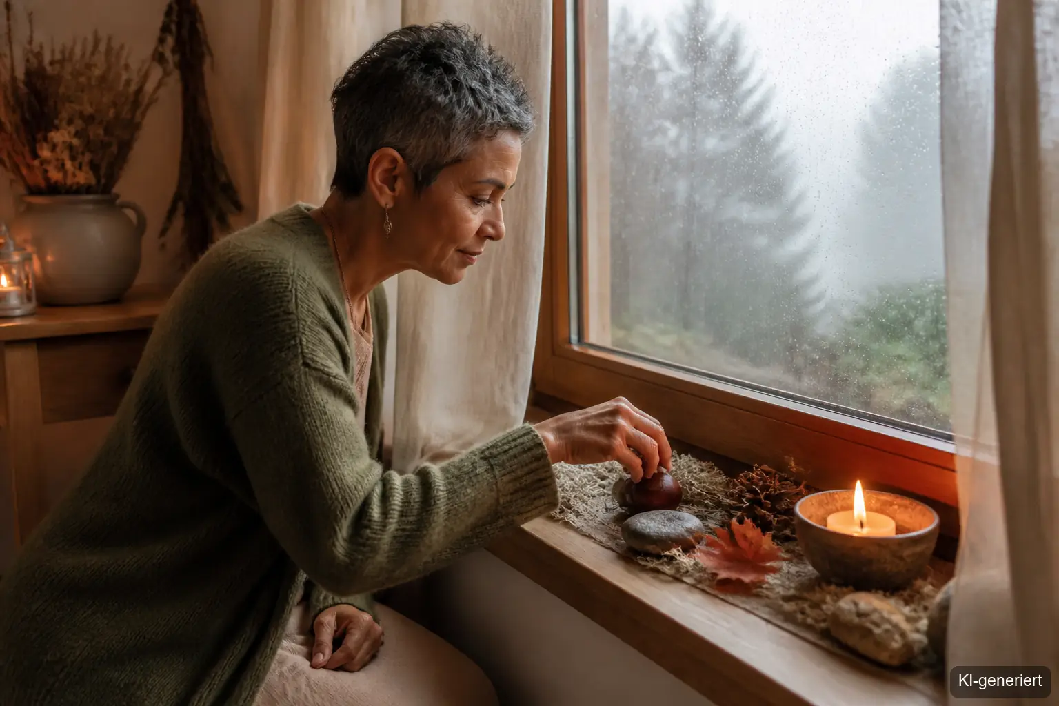 Frau legt Kastanien, ein Blatt und eine Kerze auf einem kleinen Naturaltar am Fenster ab