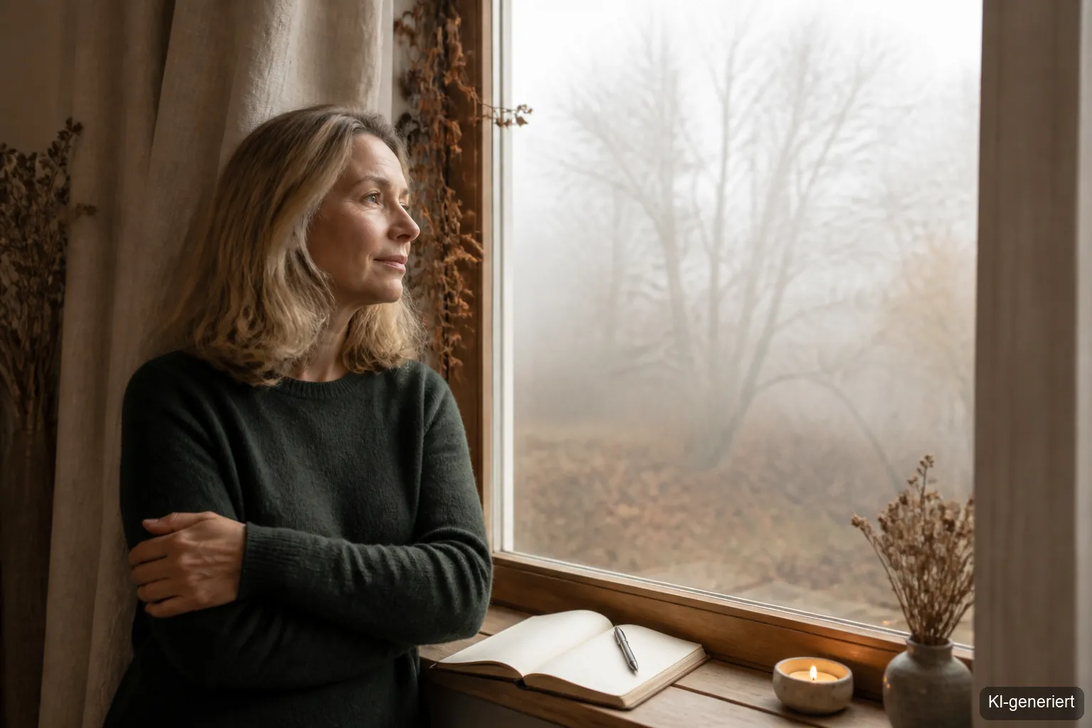 Frau blickt nachdenklich aus dem Fenster in den Novembernebel, Notizbuch und Stift liegen griffbereit auf dem Tisch