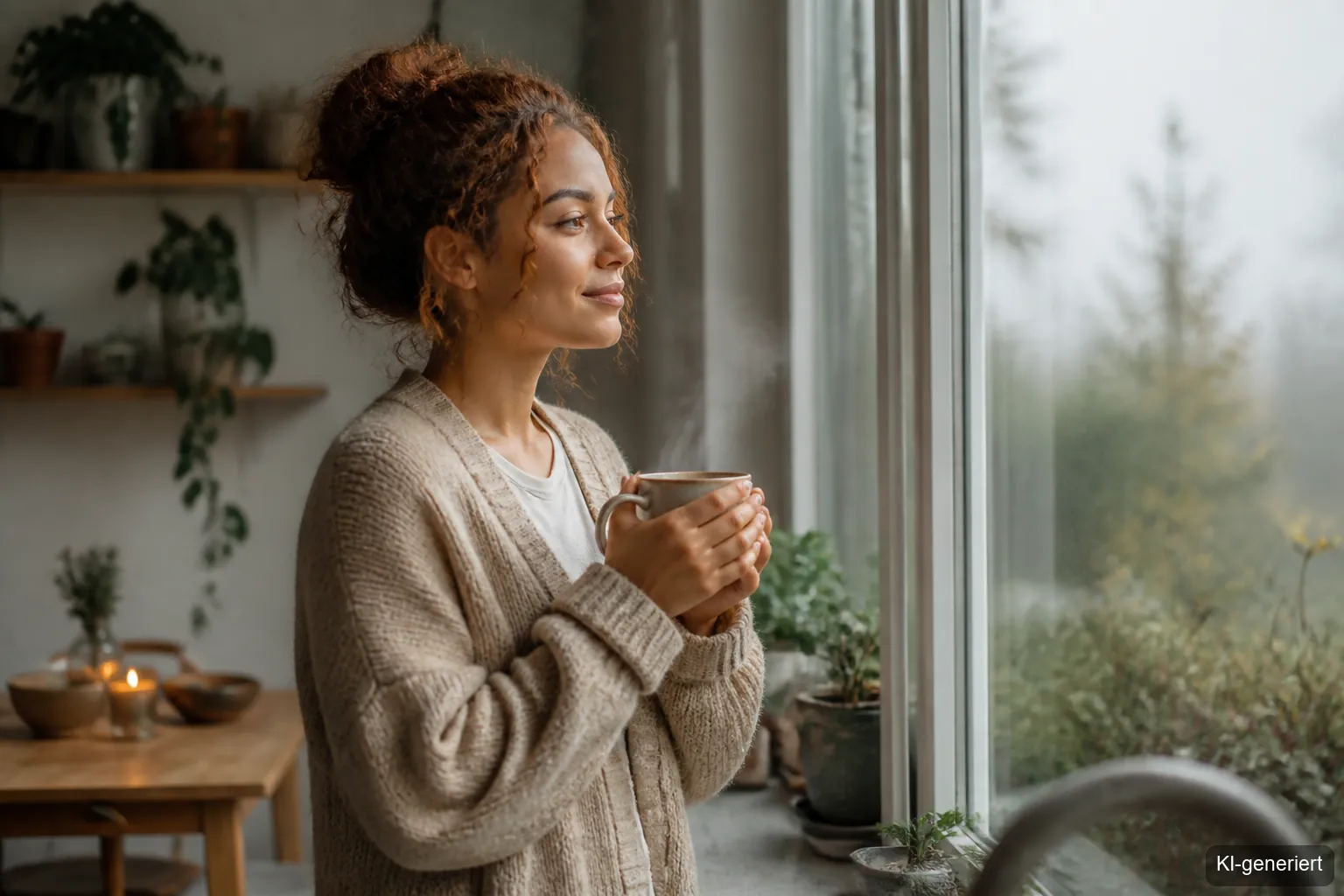 Frau steht morgens am Fenster und lässt graues Novemberlicht auf ihr Gesicht fallen, mit dampfender Teetasse in der Hand.