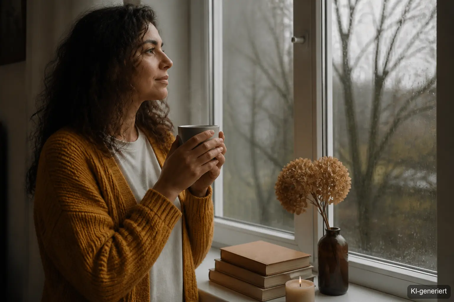Frau hält dampfende Teetasse mit beiden Händen am Fenster, Blick auf kahle Novemberbäume draußen