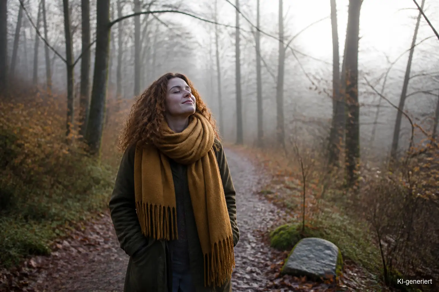 Junge Frau geht bei blassem Novemberlicht einen Waldweg entlang, eingehüllt in einen warmen Wollschal.