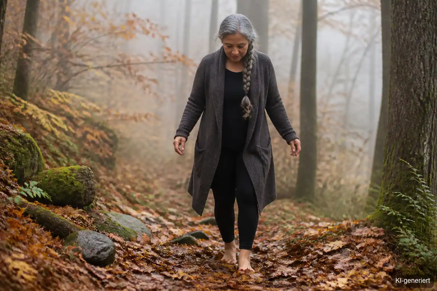Frau geht barfuß durch nasses Herbstlaub im Park und atmet bewusst aus, während sie sich orientiert