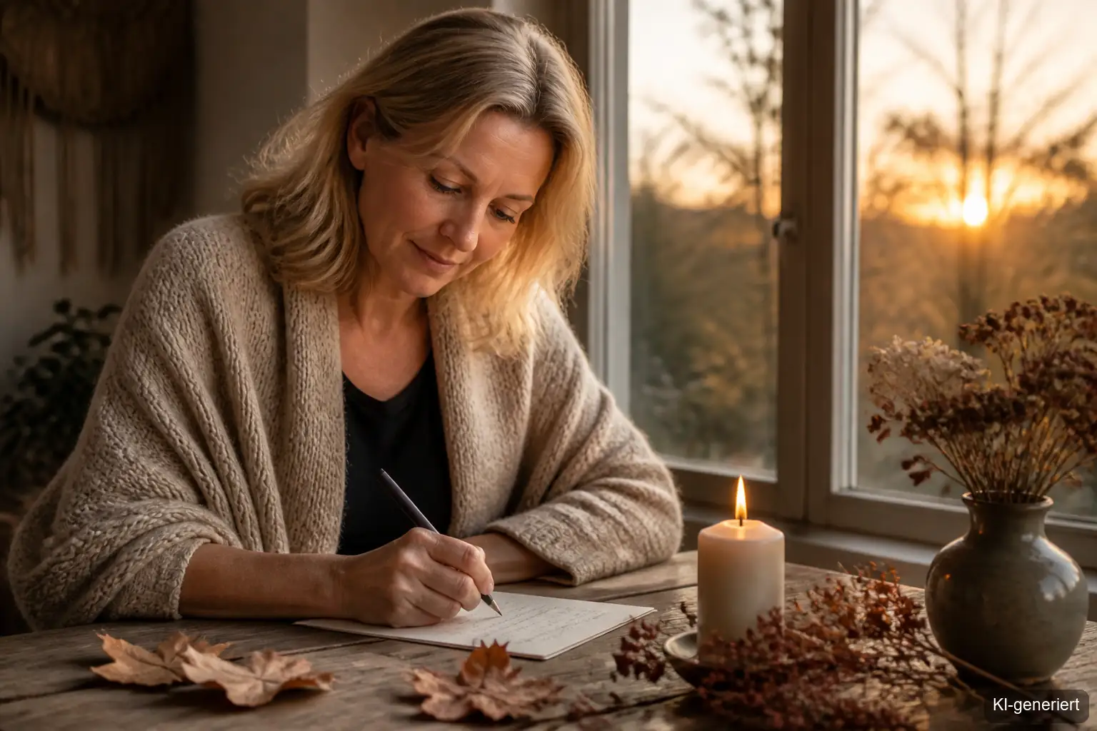 Andere Frau schreibt im warmen Herbstlicht einen Brief an ihr inneres Kind, mit Kerze und weicher Decke im Hintergrund