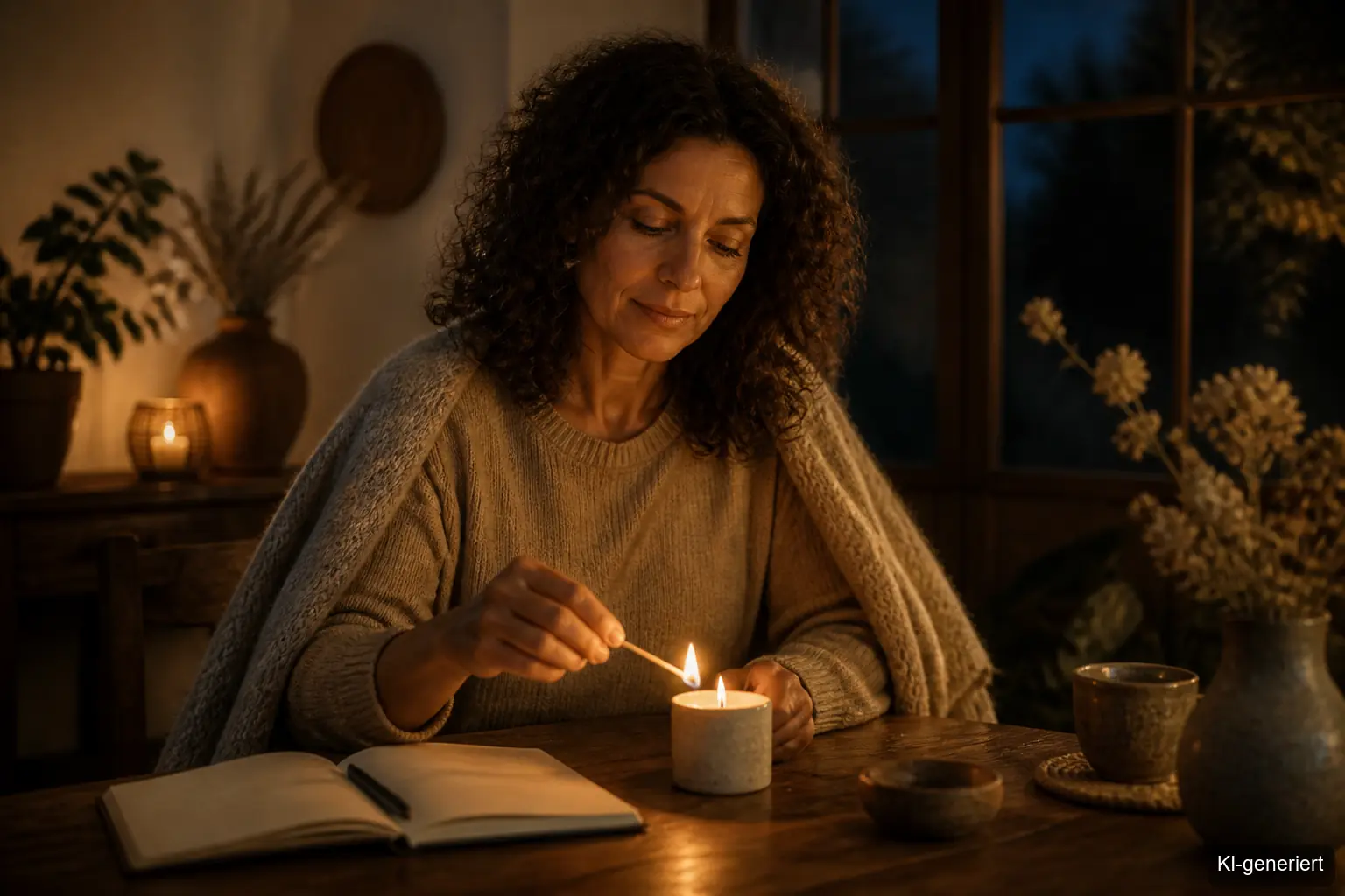 Frau entzündet abends eine Kerze auf einem Holztisch mit Journal und Wolldecke für ein ruhiges Abendritual