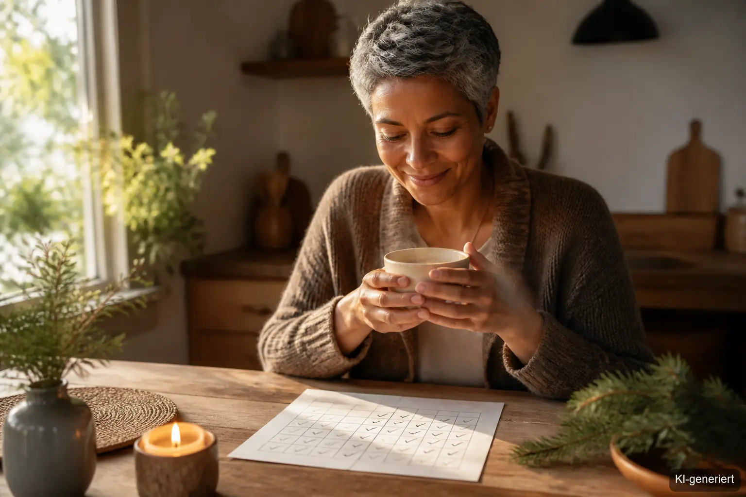 Frau mit Tasse am Tisch freut sich über den ausgedruckten Adventskalender für Frauen zum Ausdrucken