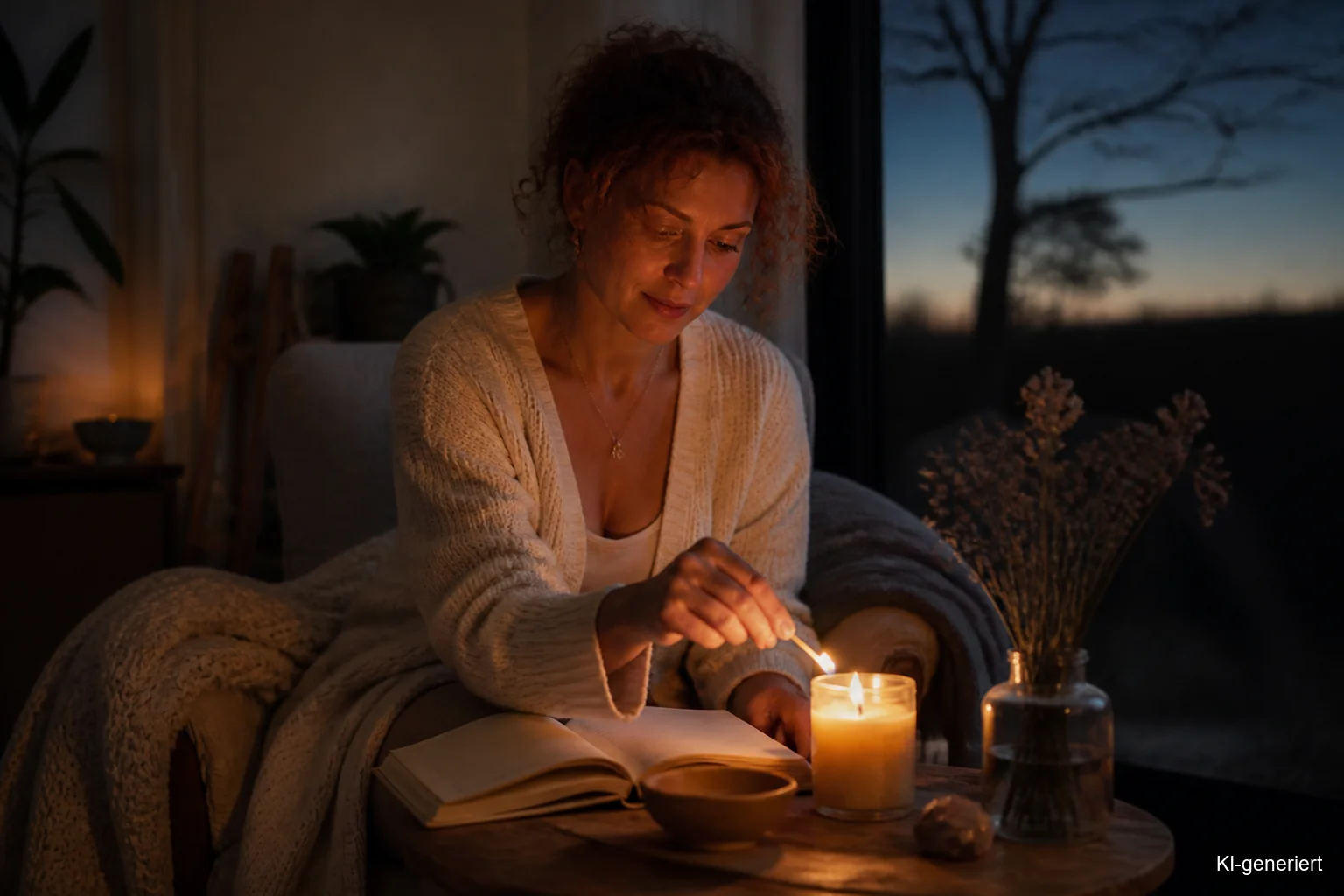 Frau zündet in einem ruhigen Zimmer am frühen Morgen eine Kerze an, daneben liegen Journal und warme Decke