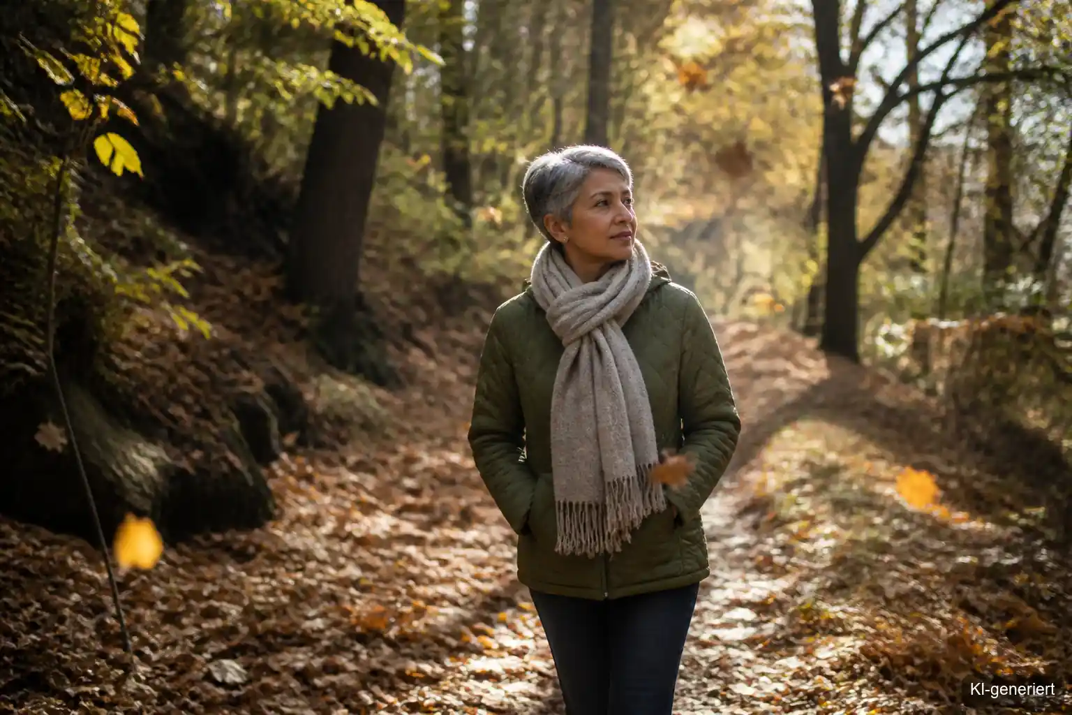 Frau bei einem ruhigen Spaziergang durch raschelndes Herbstlaub, mit warmem Schal und weichem Blick