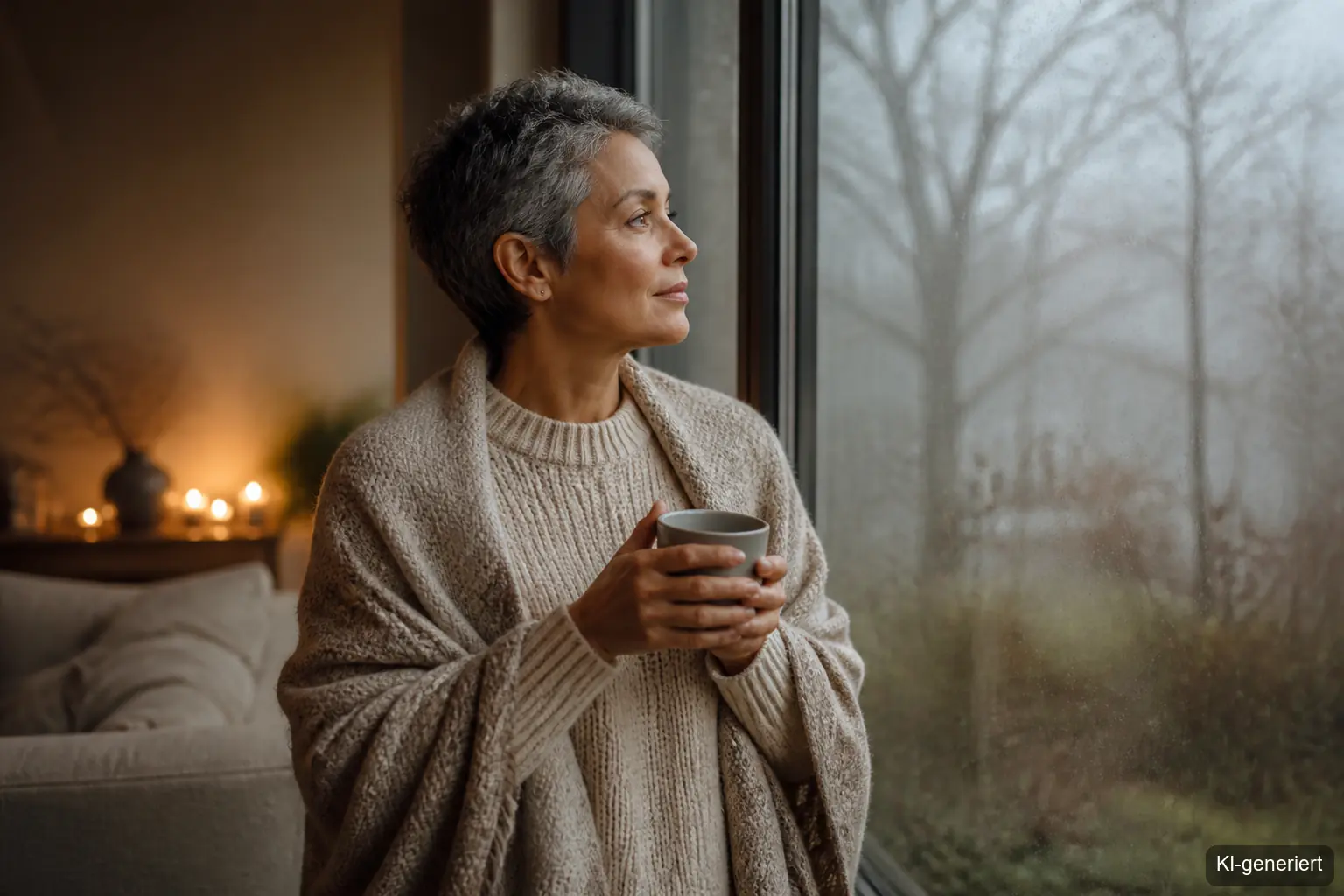 Frau steht an einem nebligen Novembermorgen am Fenster und atmet bewusst durch, eine warme Decke um die Schultern.