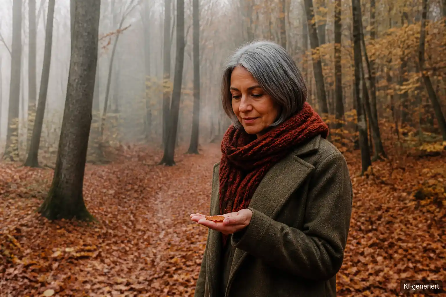 Frau spaziert im November durch einen herbstlichen Laubwald und hält ein gefallenes Blatt in der offenen Hand