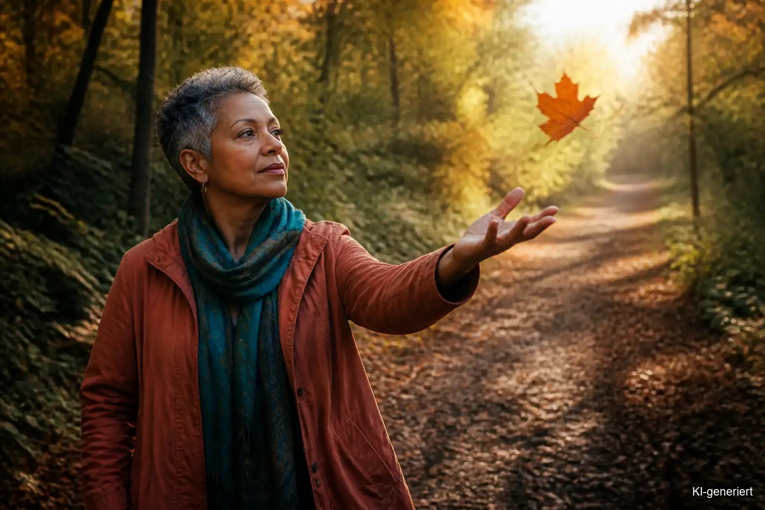 Frau lässt beim Herbstspaziergang alte Schuldgefühle los und wählt ihren nächsten Schritt