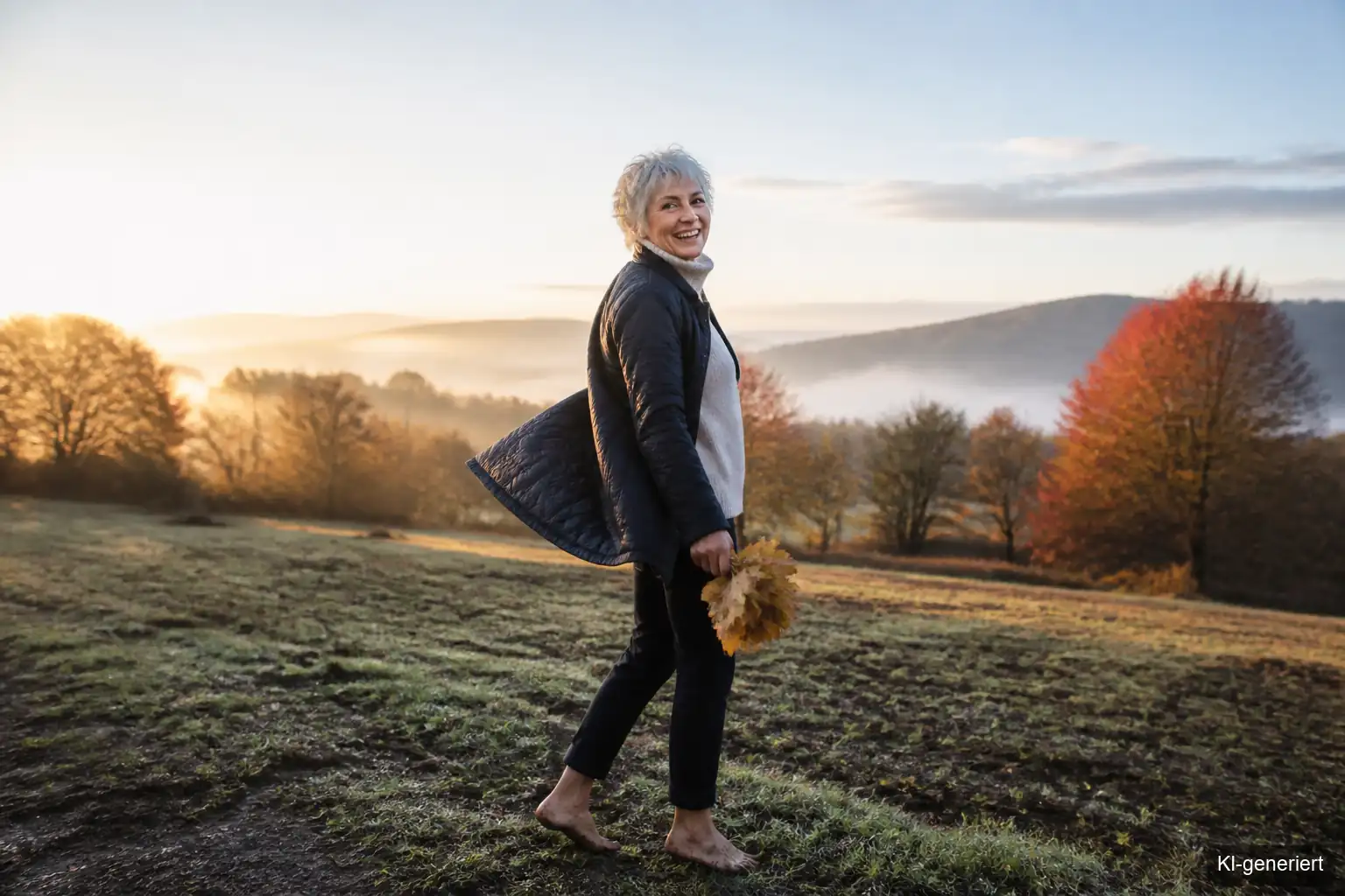 Frau geht achtsam durch Herbstlaub, Symbolbild für Lebensweisheiten und Loslassen im Oktober