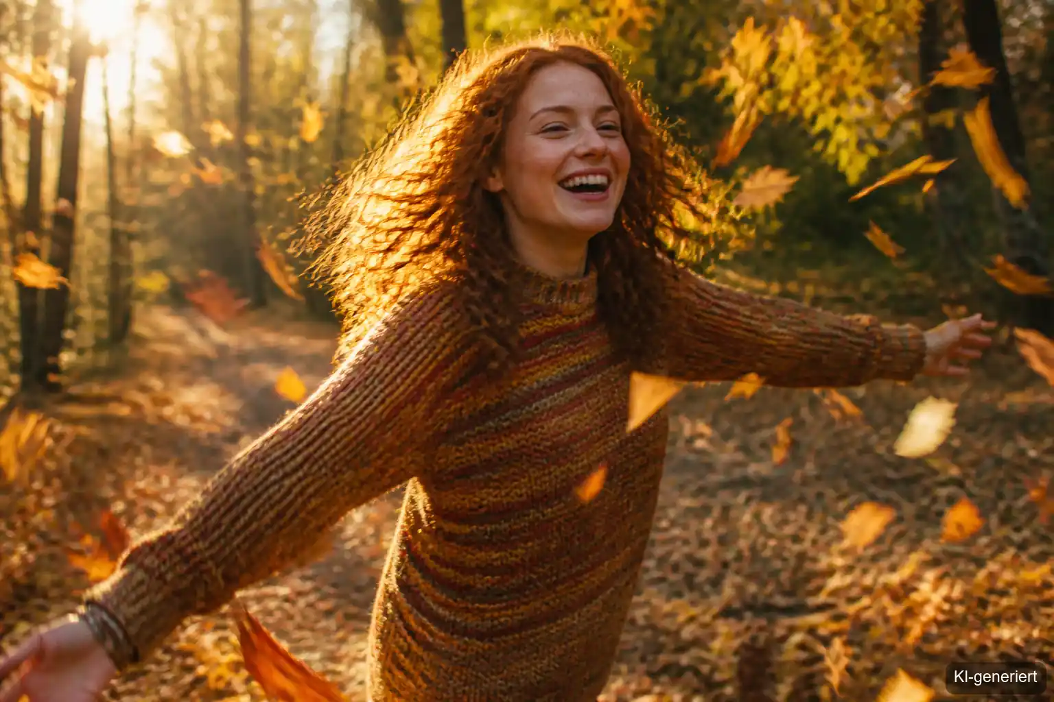Frau geht durch herbstlichen Wald mit ausgebreiteten Armen, raus aus der Erschöpfung in den Schöpfermodus