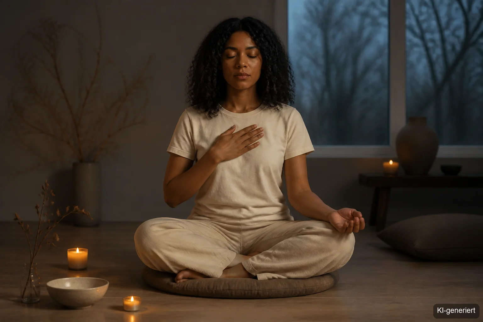 Frau sitzt mit geschlossenen Augen in ruhiger Meditation, eine Hand auf dem Herzen, sanftes Kerzenlicht im Raum