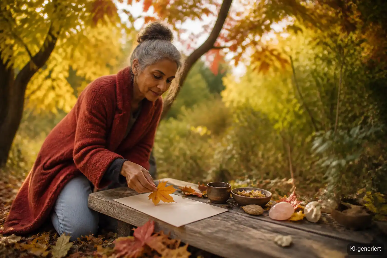 Dritte Frau legt draußen ein Herbstblatt auf ein beschriebenes Blatt Papier als Symbol für ihr Loslassritual