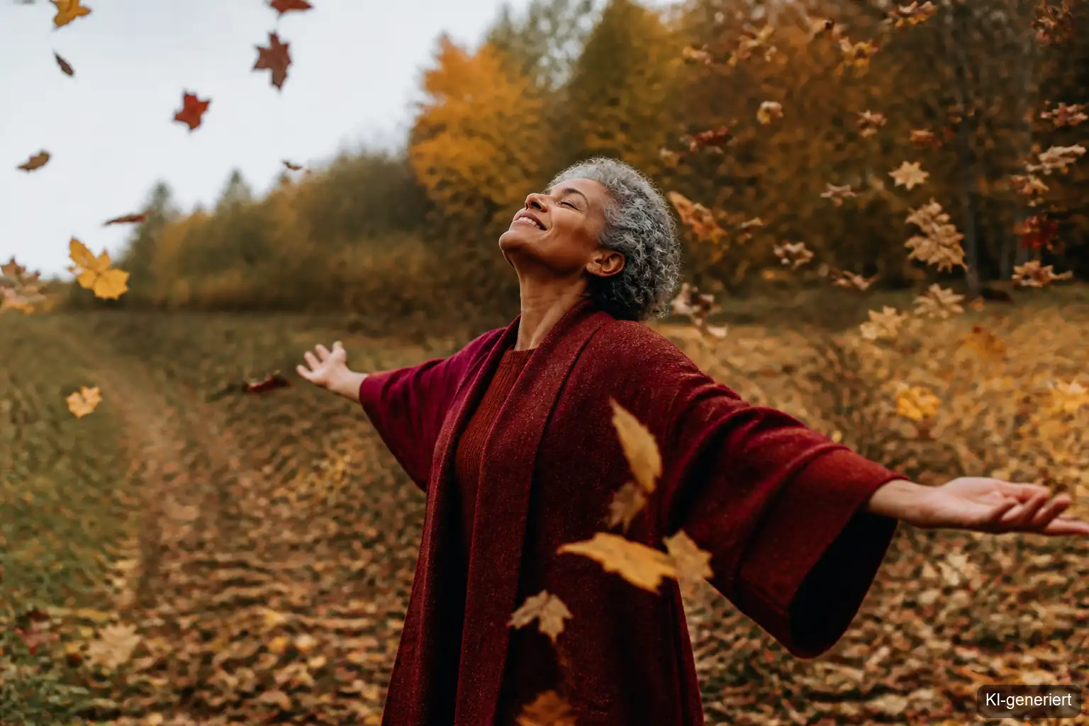 Frau bei einem Samhain Ritual mit Journal und Kerze im Herbstwind