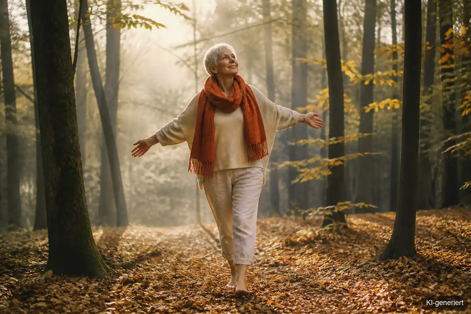 Frau geht barfuß durch raschelndes Herbstlaub im Wald und genießt einen kurzen Spaziergang ohne Ziel