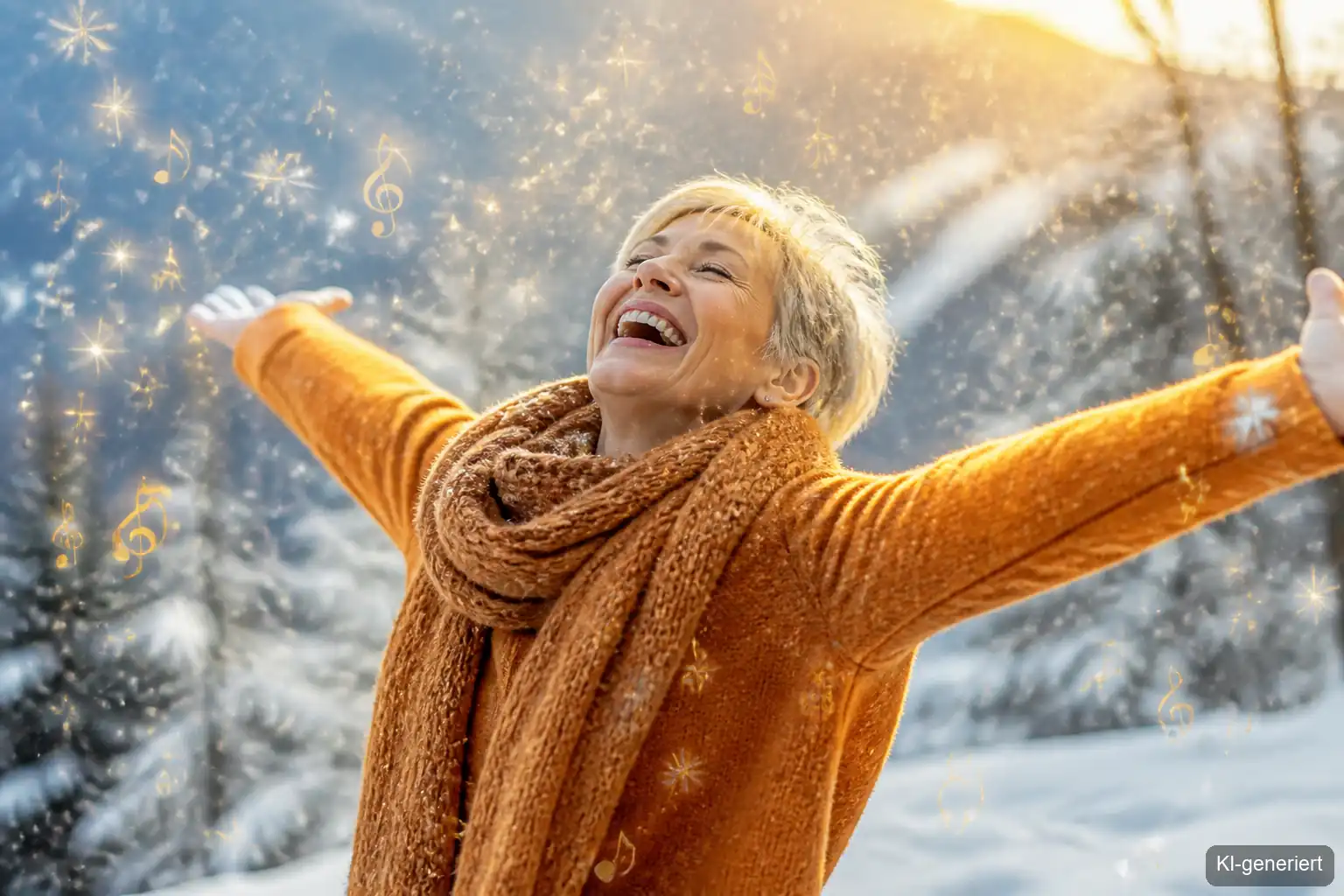 Frau breitet im Schnee die Arme aus, befreit von Weihnachtsstress durch den Adventskalender Achtsamkeit