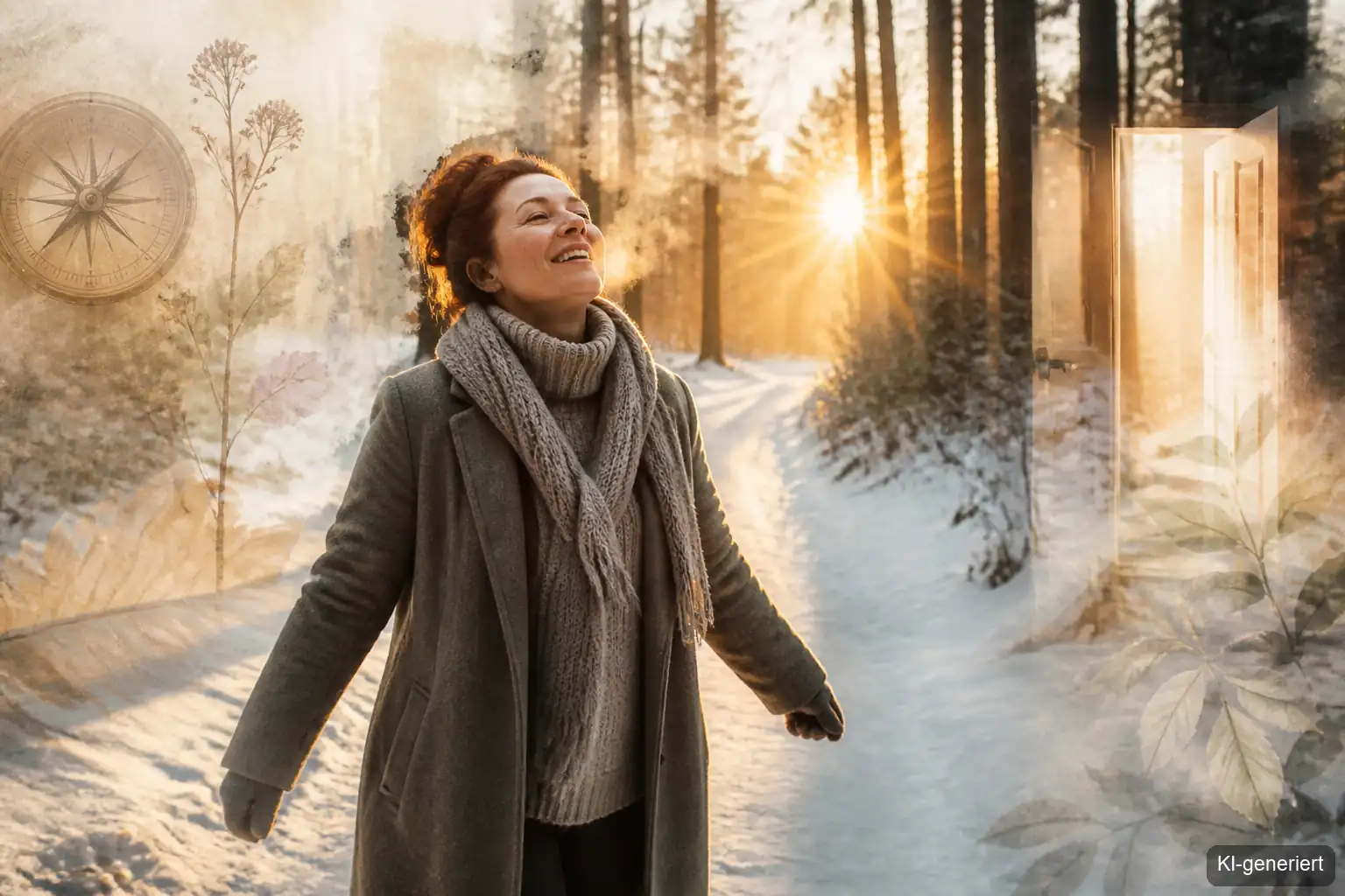Adventskalender für Erwachsene ohne Konsum: Frau macht einen achtsamen Spaziergang im winterlichen Licht