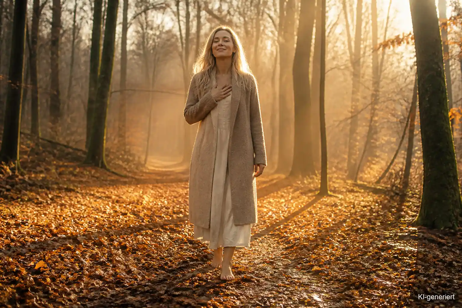 Frau geht barfuß durch nasses Herbstlaub im Wald, Hand ruht auf dem Herzen, Novemberlicht fällt durch die Bäume